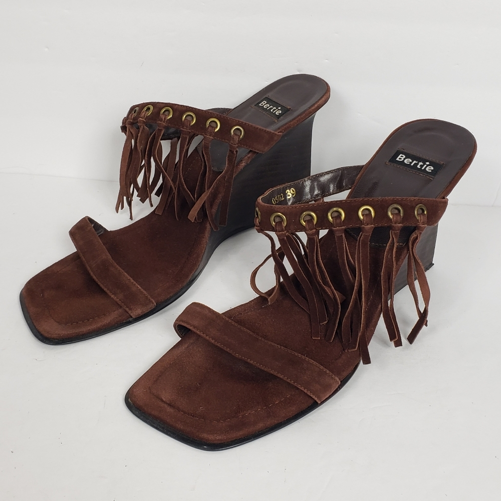Bertie Boho Brown Suede Leather Fringe Wedge Slip-On Sandals 39